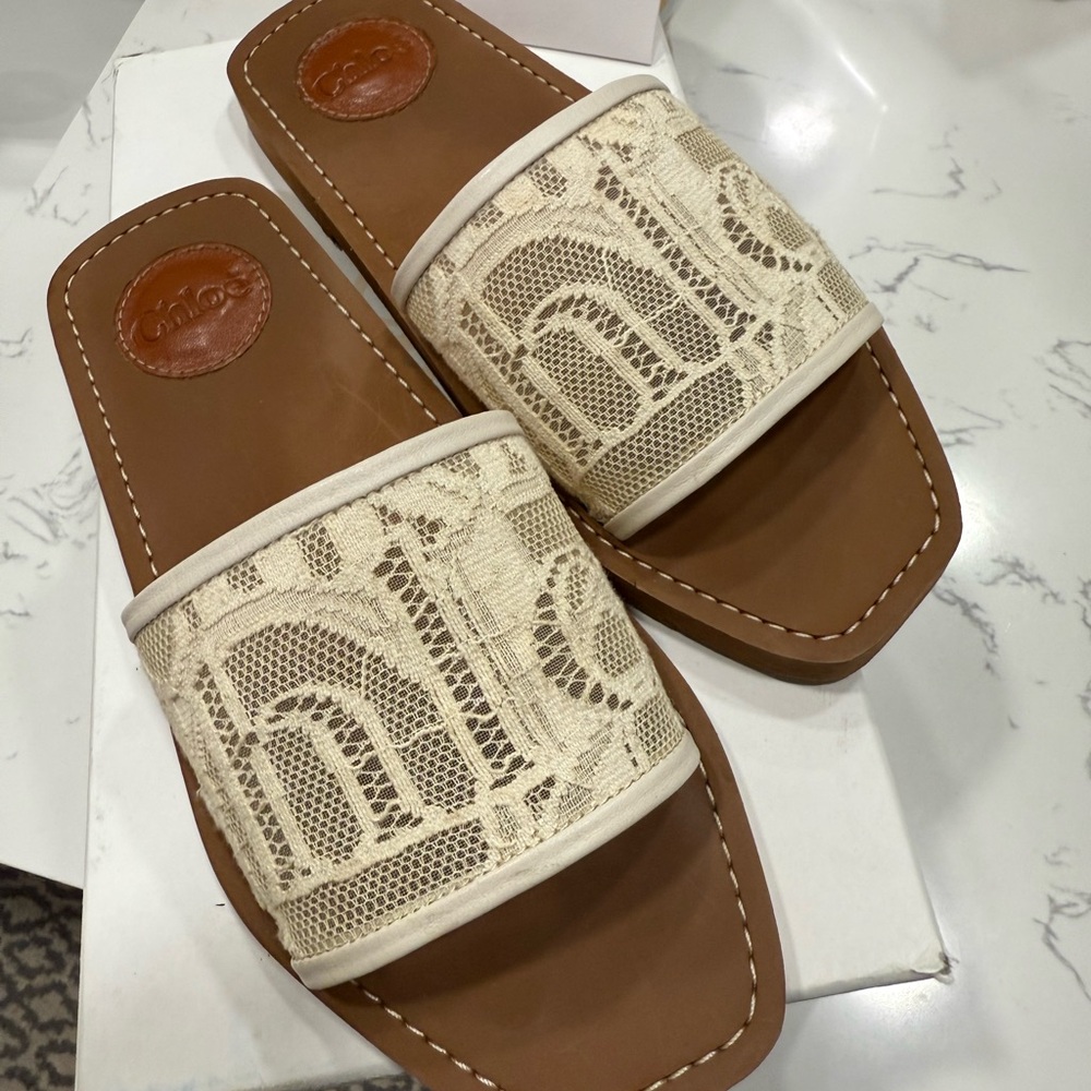 Chloe~Chic Cream Lace Slide Sandals